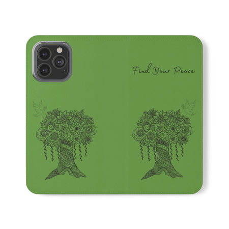 Phone Flip faux leather case with pockets and card storage. Peace Tree Mandala design-Green