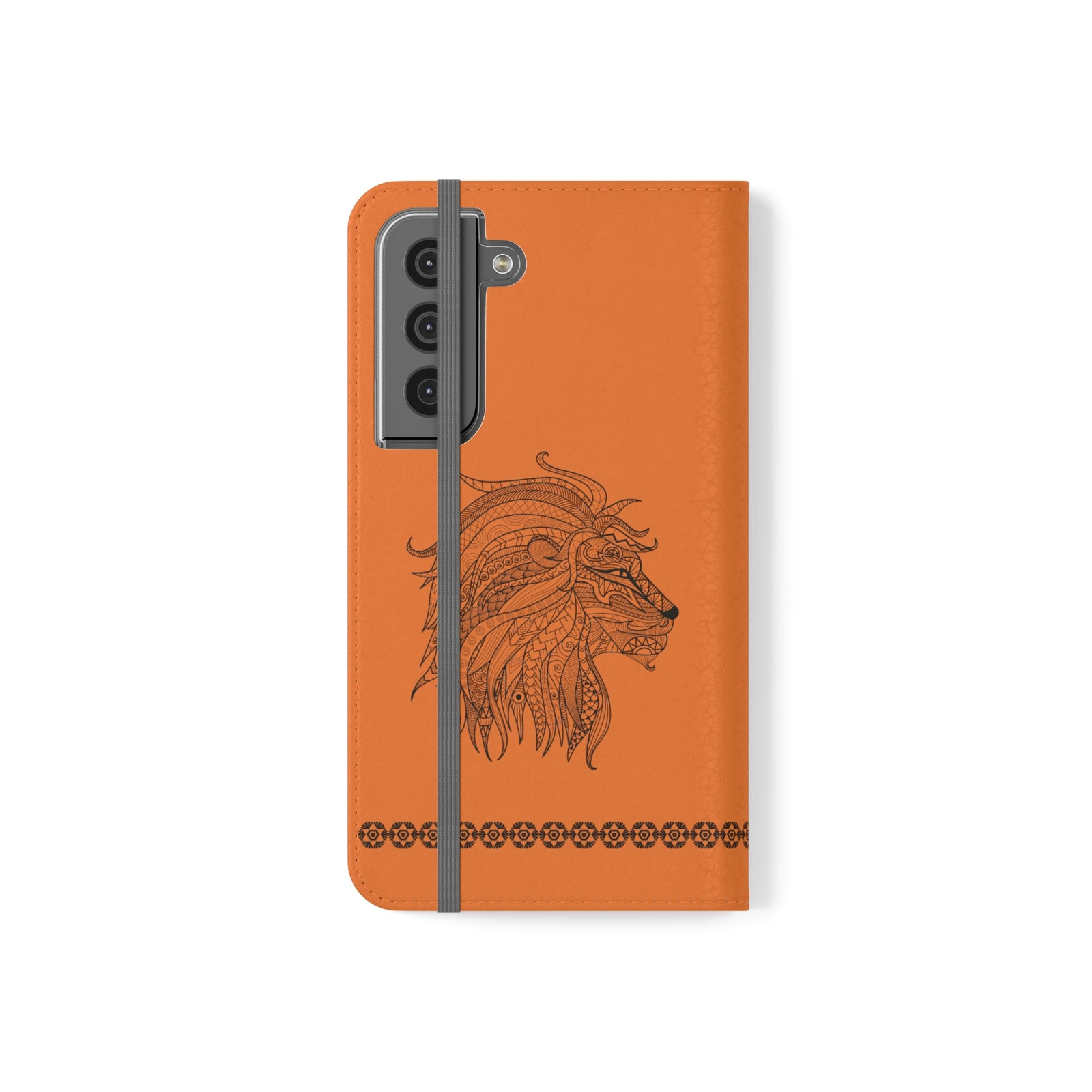 Phone Flip faux leather case with pockets and card storage. Strength lion Mandala design-orange