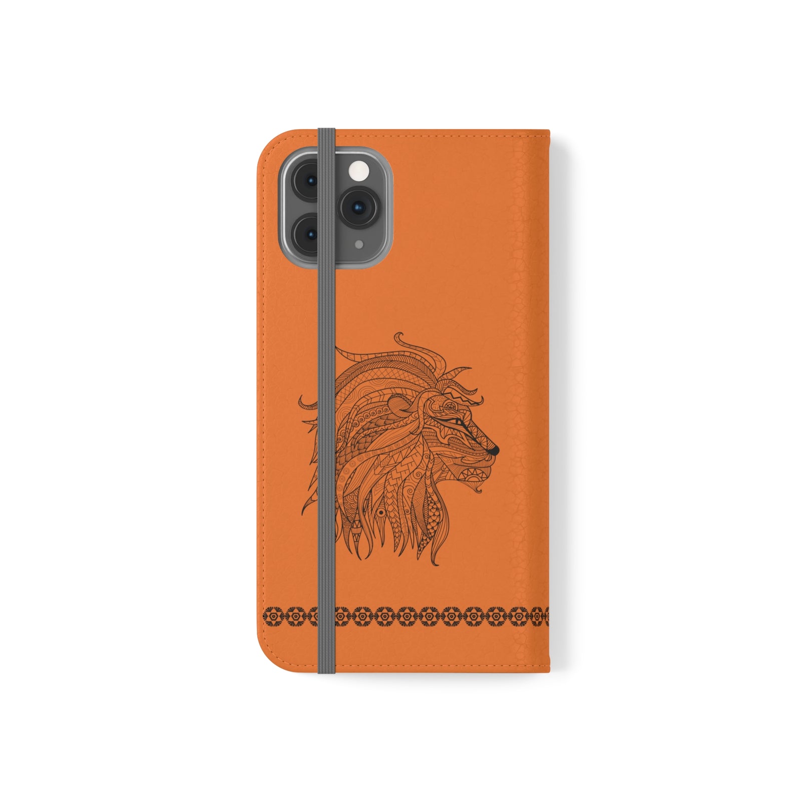 Phone Flip faux leather case with pockets and card storage. Strength lion Mandala design-orange