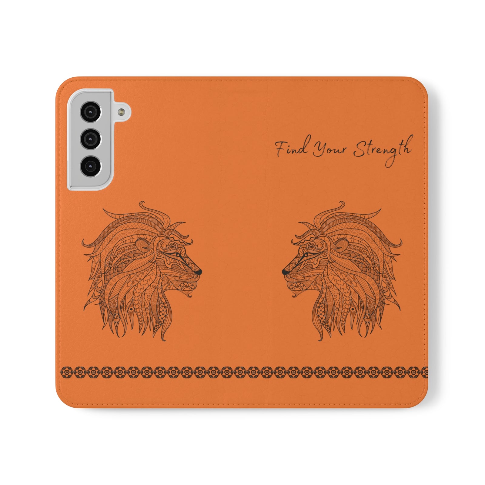 Phone Flip faux leather case with pockets and card storage. Strength lion Mandala design-orange