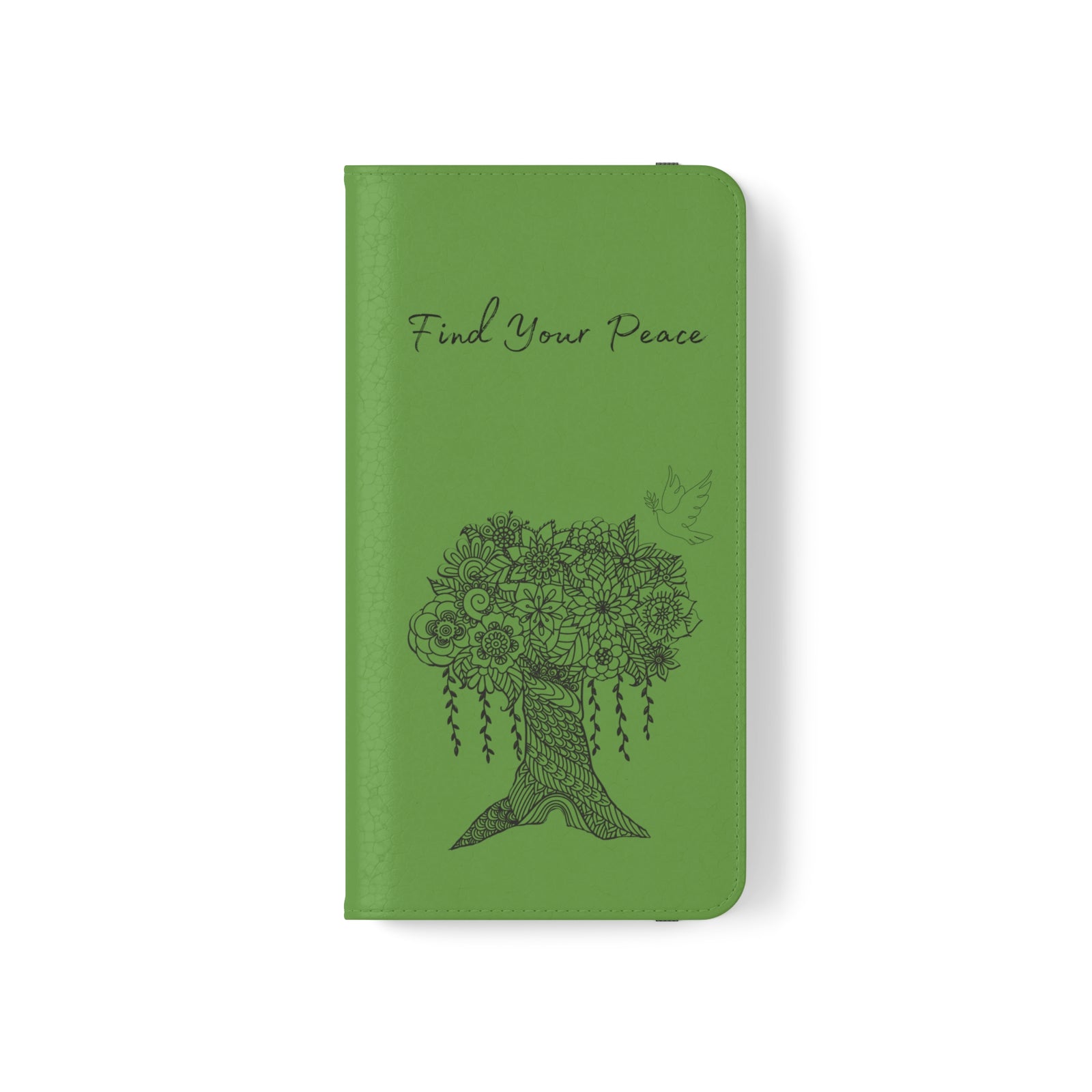 Phone Flip faux leather case with pockets and card storage. Peace Tree Mandala design-Green