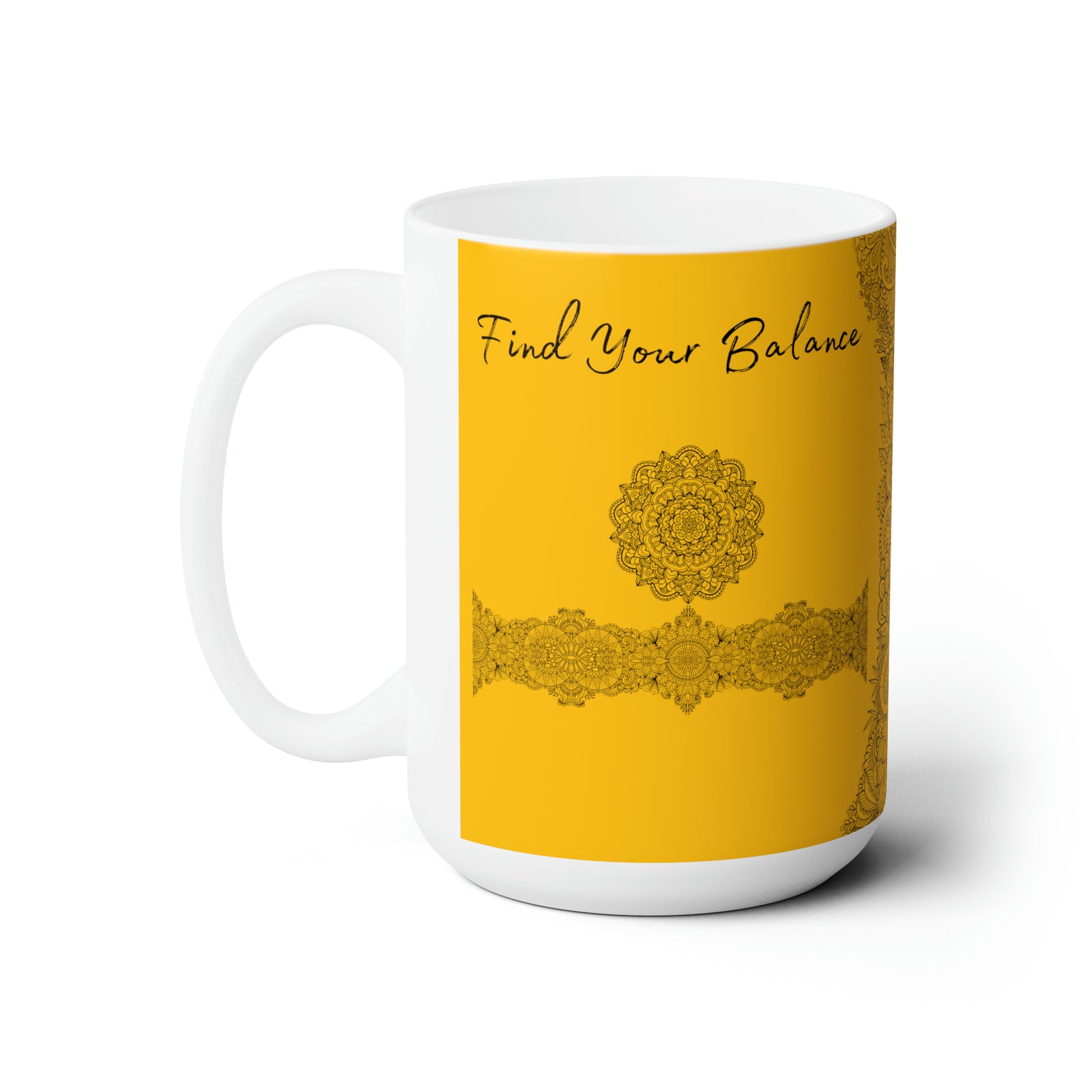 Find your Balance mandala yellow background **Ceramic Mug 15oz