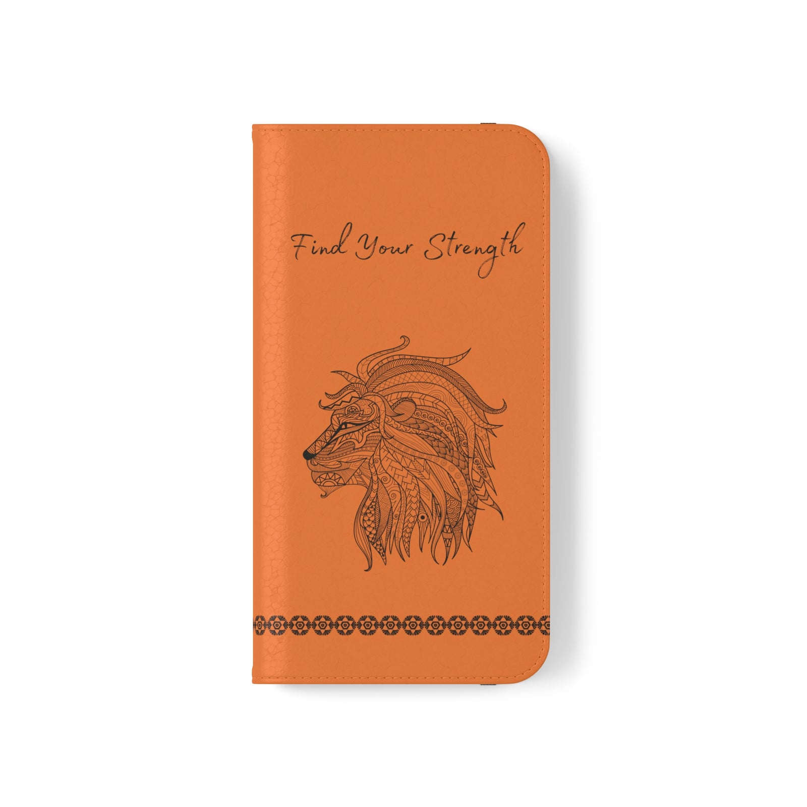 Phone Flip faux leather case with pockets and card storage. Strength lion Mandala design-orange