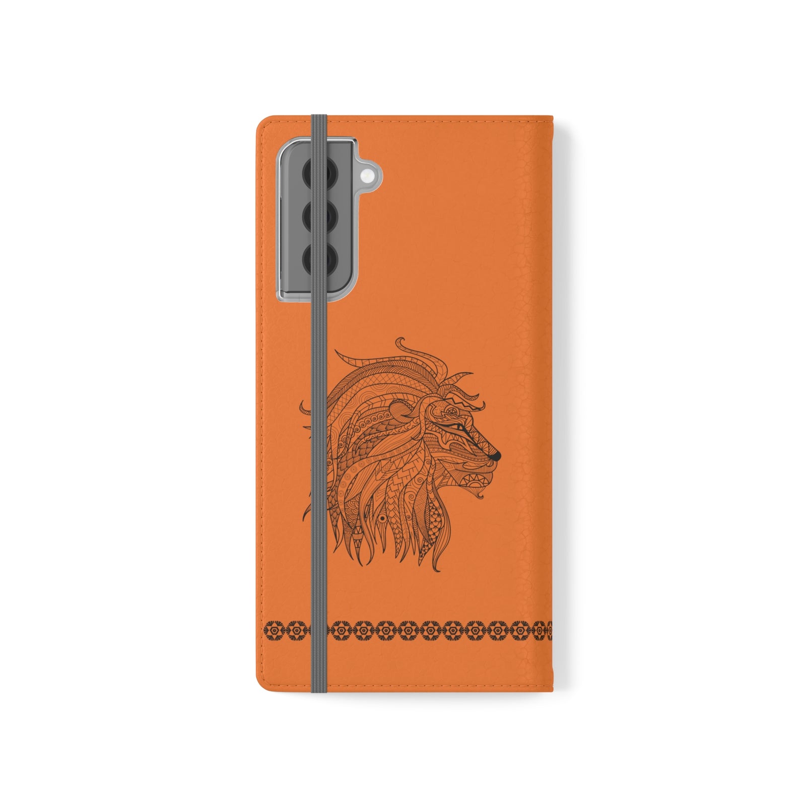 Phone Flip faux leather case with pockets and card storage. Strength lion Mandala design-orange