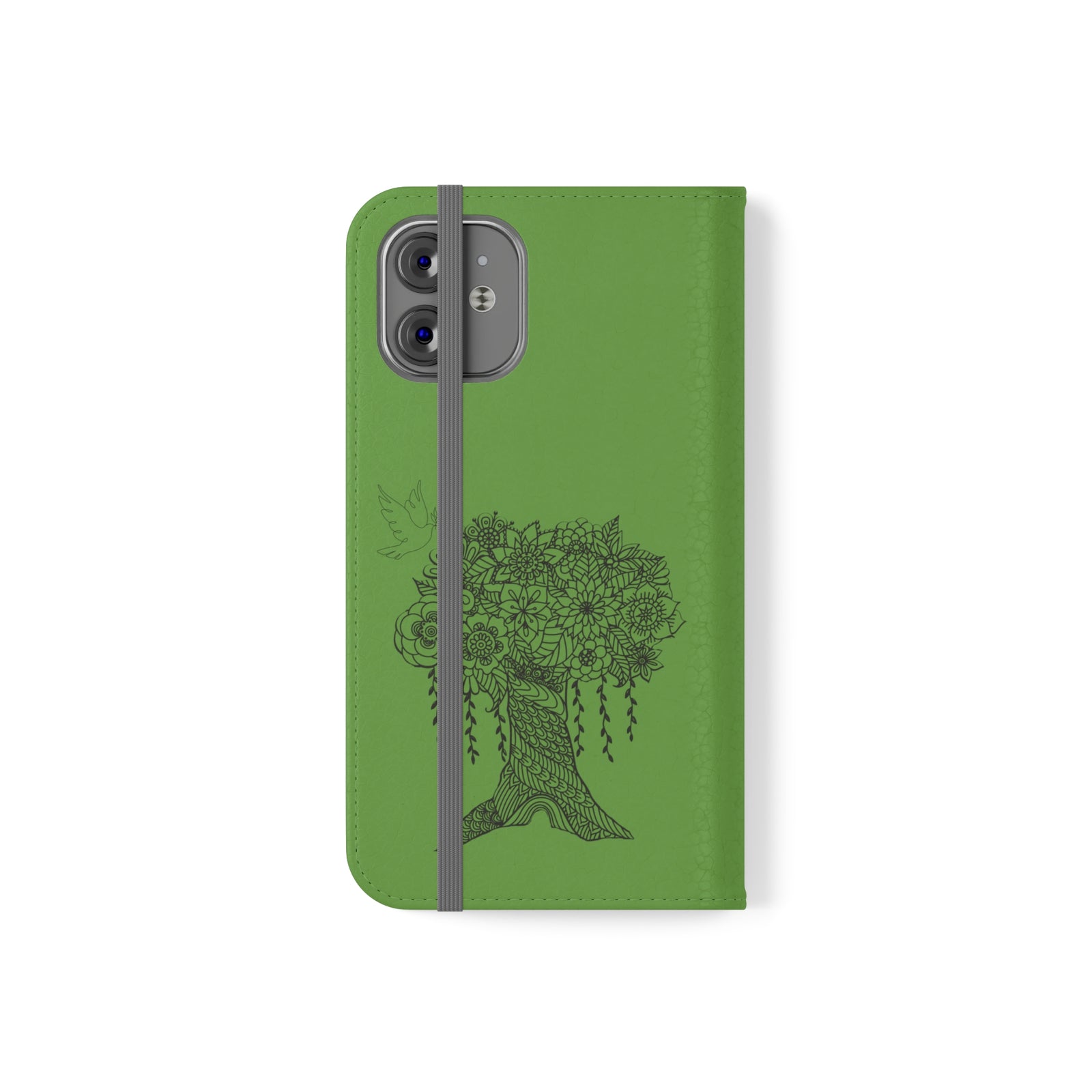 Phone Flip faux leather case with pockets and card storage. Peace Tree Mandala design-Green