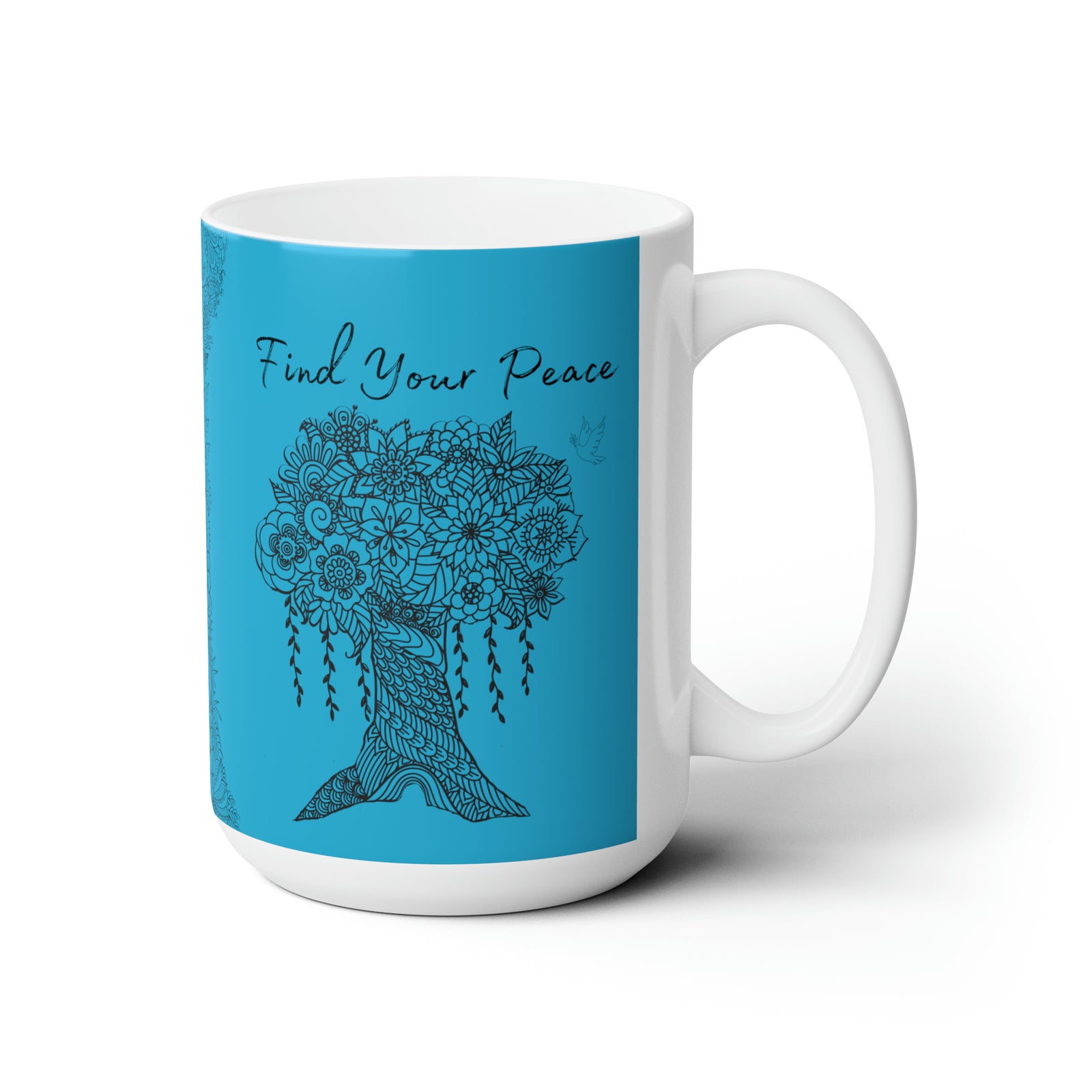 Find your Peace mandala tree Turquoise blue background **Ceramic Mug 15oz