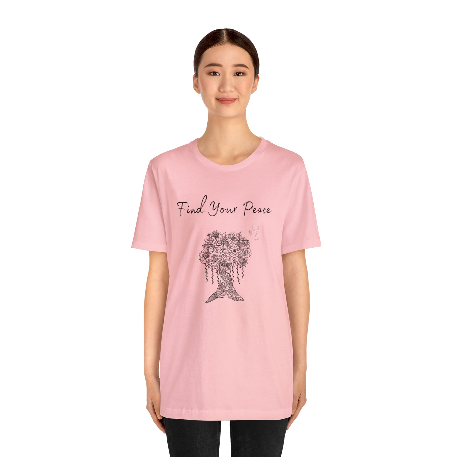 Find Your Peace mandala tree- with dove  Unisex Jersey Short Sleeve Tee- 15 colors