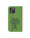 Phone Flip faux leather case with pockets and card storage. Peace Tree Mandala design-Green