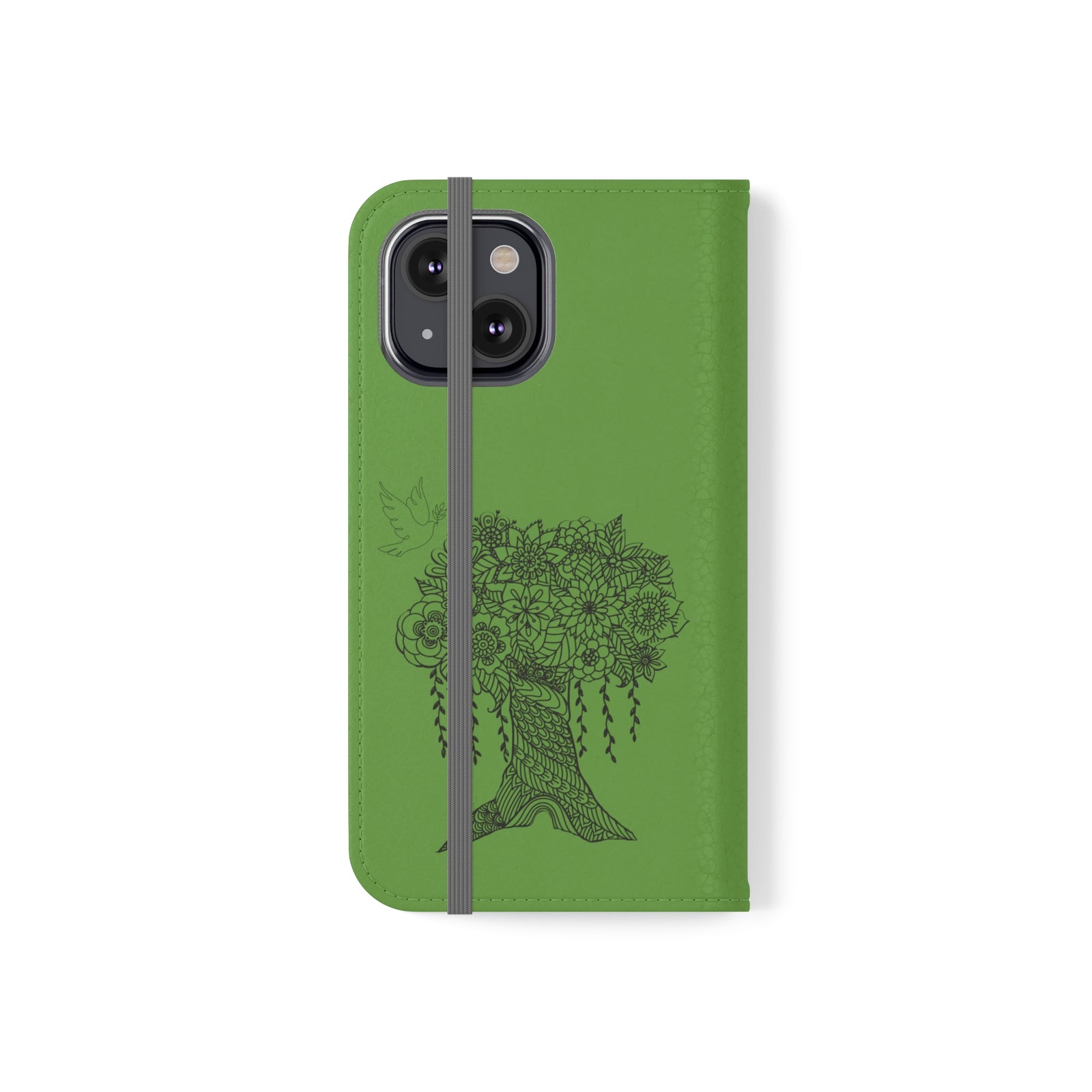 Phone Flip faux leather case with pockets and card storage. Peace Tree Mandala design-Green