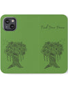 Phone Flip faux leather case with pockets and card storage. Peace Tree Mandala design-Green