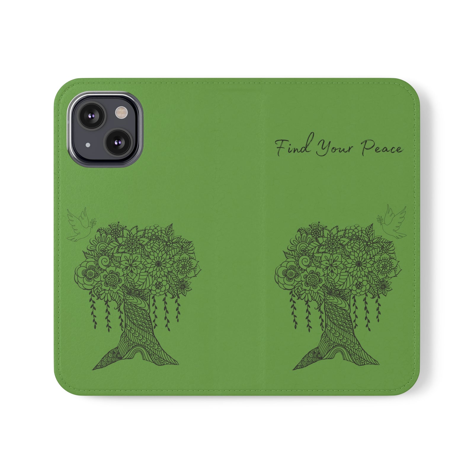 Phone Flip faux leather case with pockets and card storage. Peace Tree Mandala design-Green