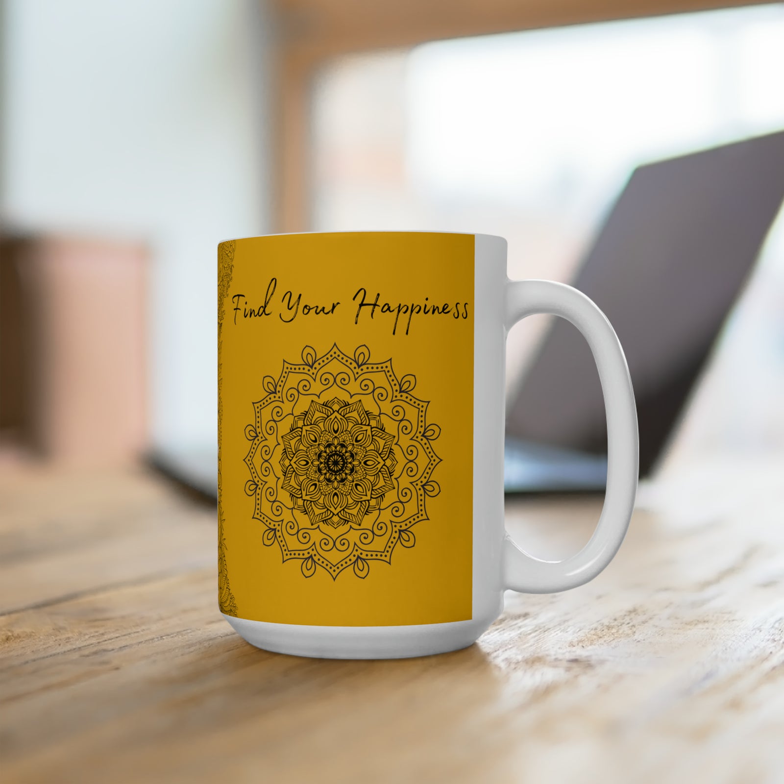 Find your Happiness mandala yellow background **Ceramic Mug 15oz