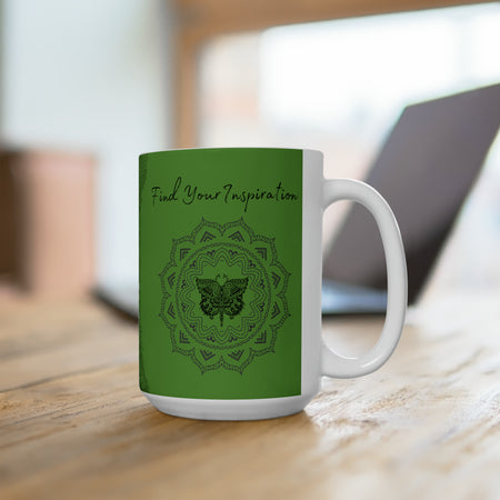 Find your Inspiration butterfly mandala Green background **Ceramic Mug 15oz