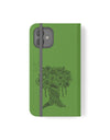 Phone Flip faux leather case with pockets and card storage. Peace Tree Mandala design-Green