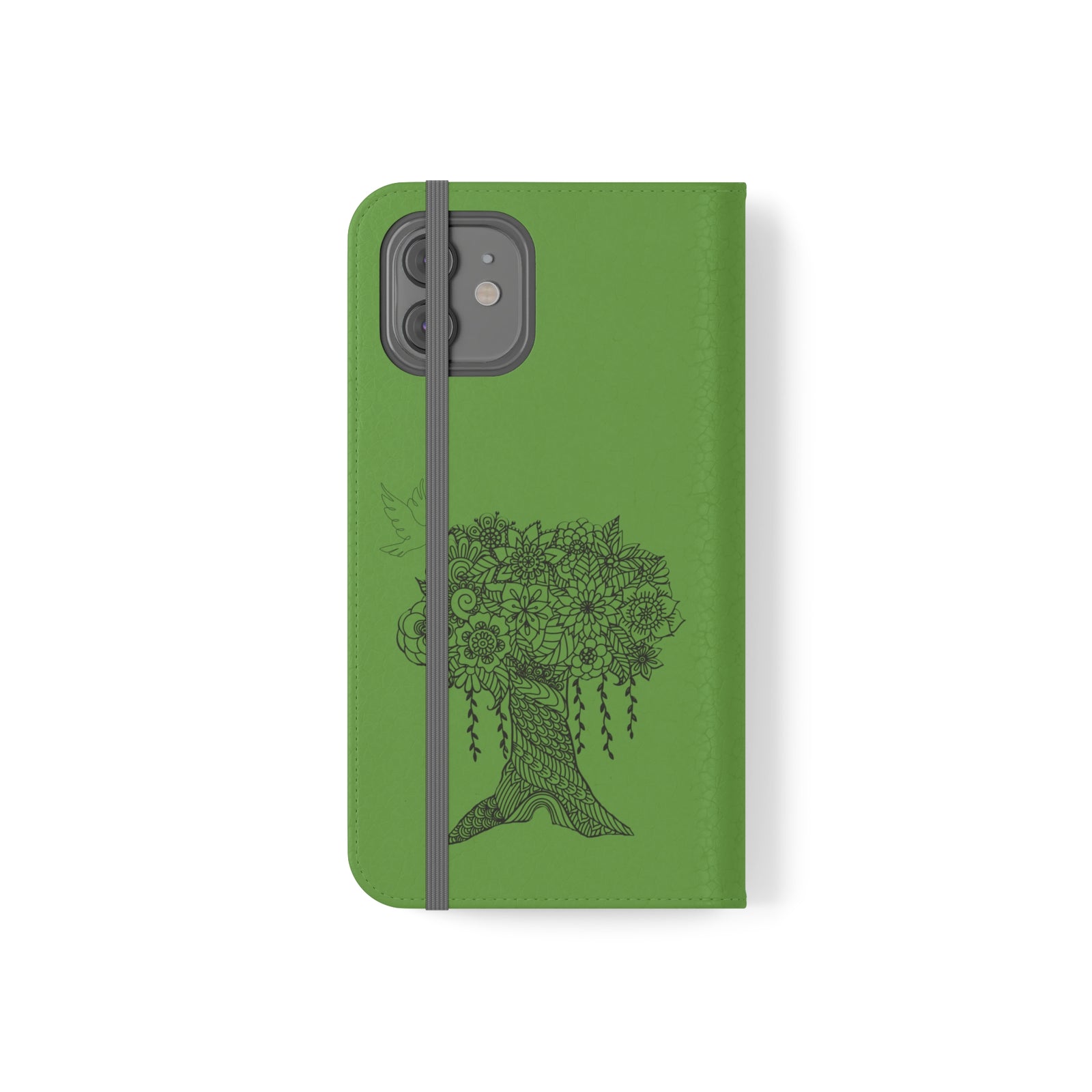 Phone Flip faux leather case with pockets and card storage. Peace Tree Mandala design-Green