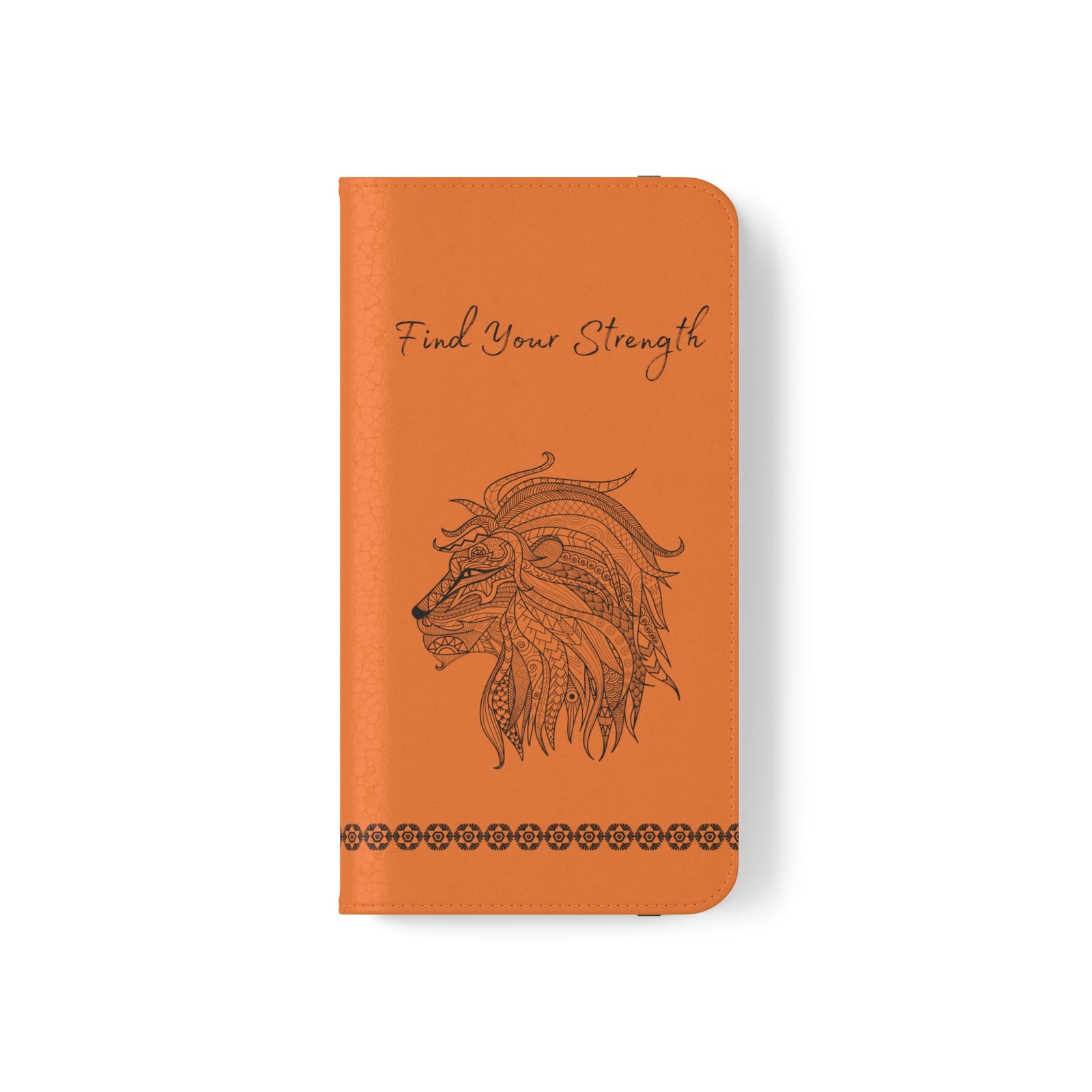 Phone Flip faux leather case with pockets and card storage. Strength lion Mandala design-orange