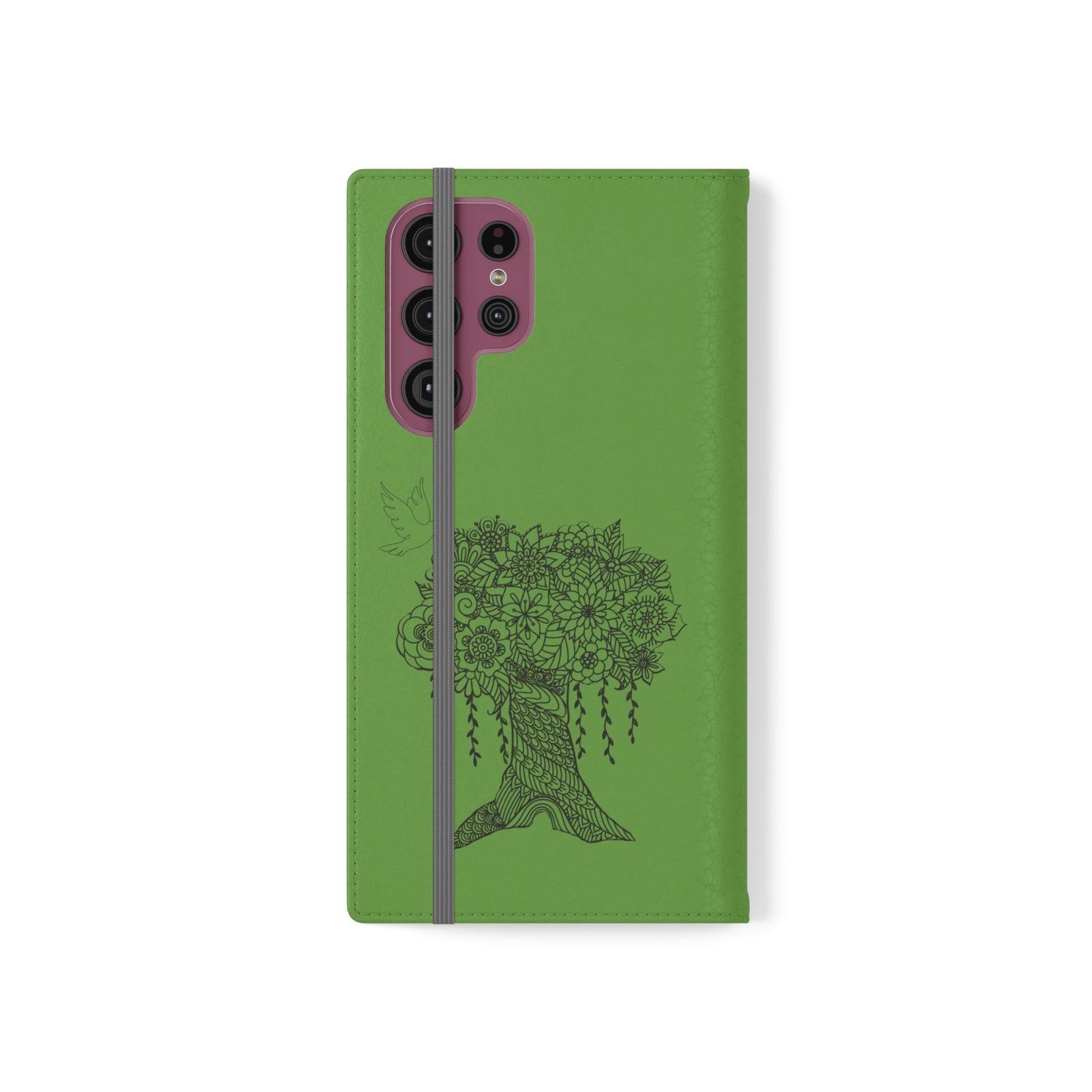 Phone Flip faux leather case with pockets and card storage. Peace Tree Mandala design-Green