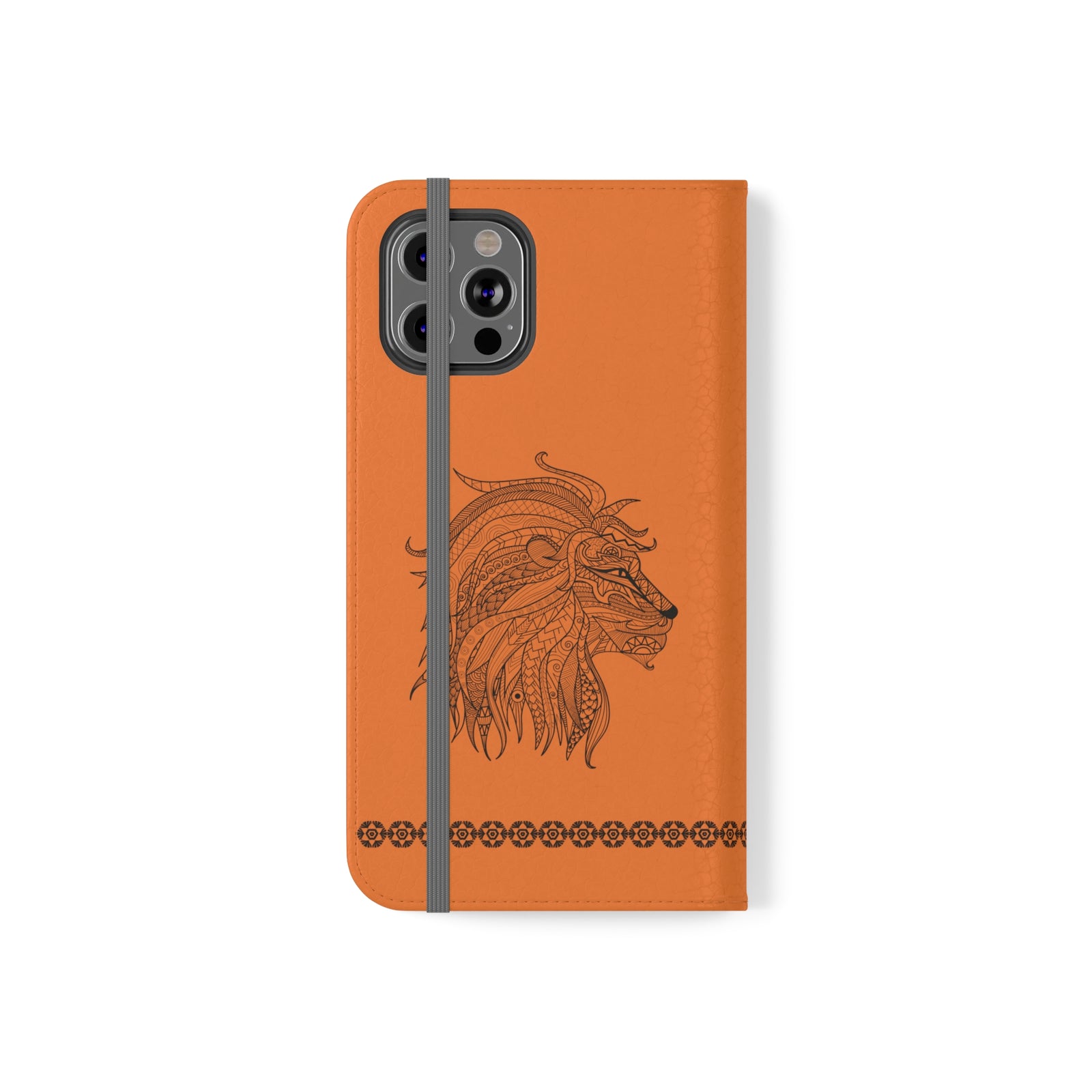 Phone Flip faux leather case with pockets and card storage. Strength lion Mandala design-orange