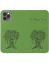 Phone Flip faux leather case with pockets and card storage. Peace Tree Mandala design-Green