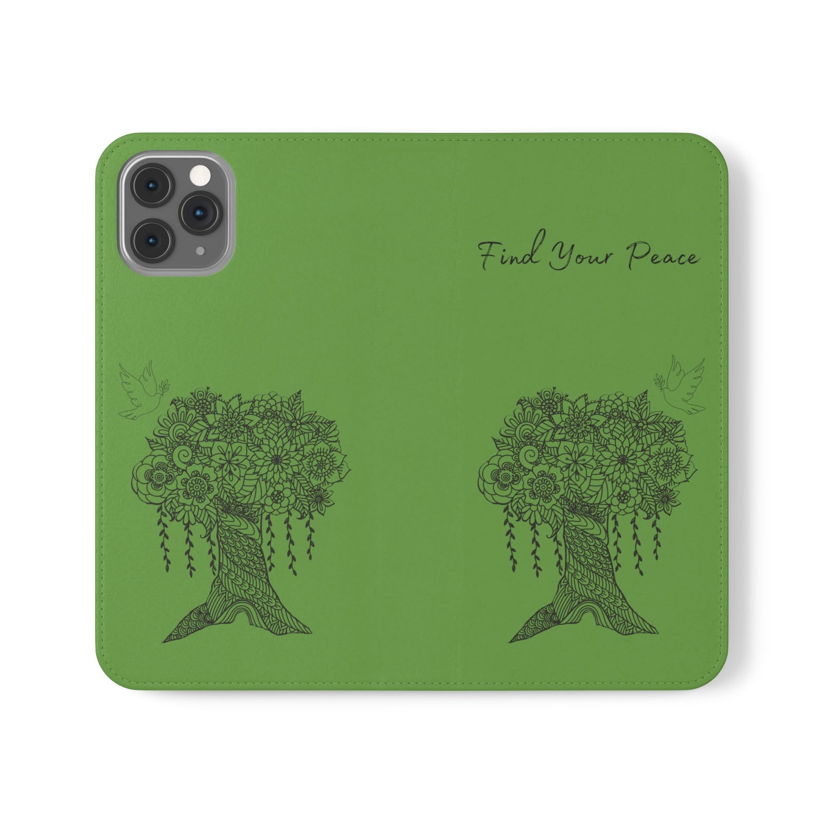 Phone Flip faux leather case with pockets and card storage. Peace Tree Mandala design-Green