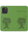 Phone Flip faux leather case with pockets and card storage. Peace Tree Mandala design-Green