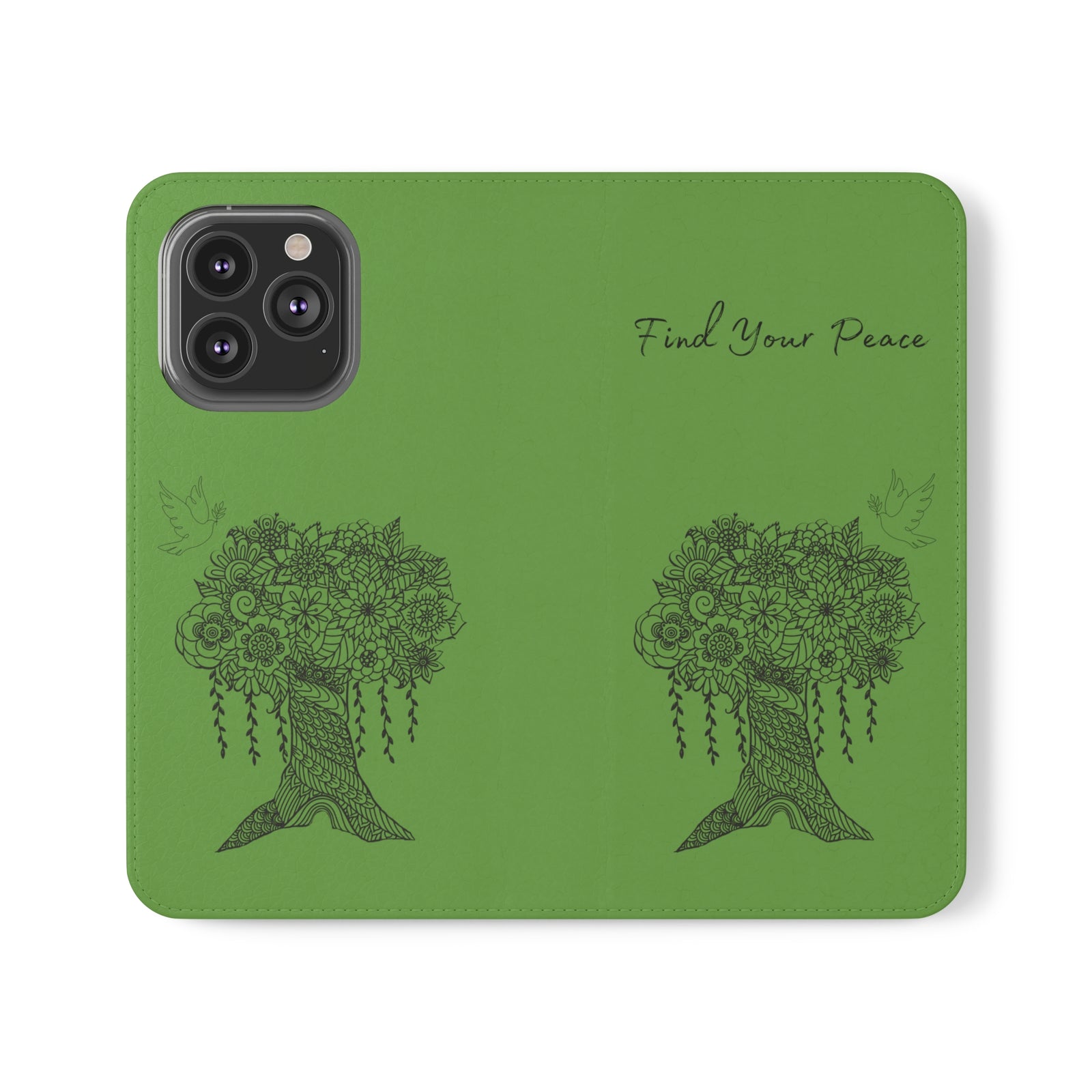 Phone Flip faux leather case with pockets and card storage. Peace Tree Mandala design-Green