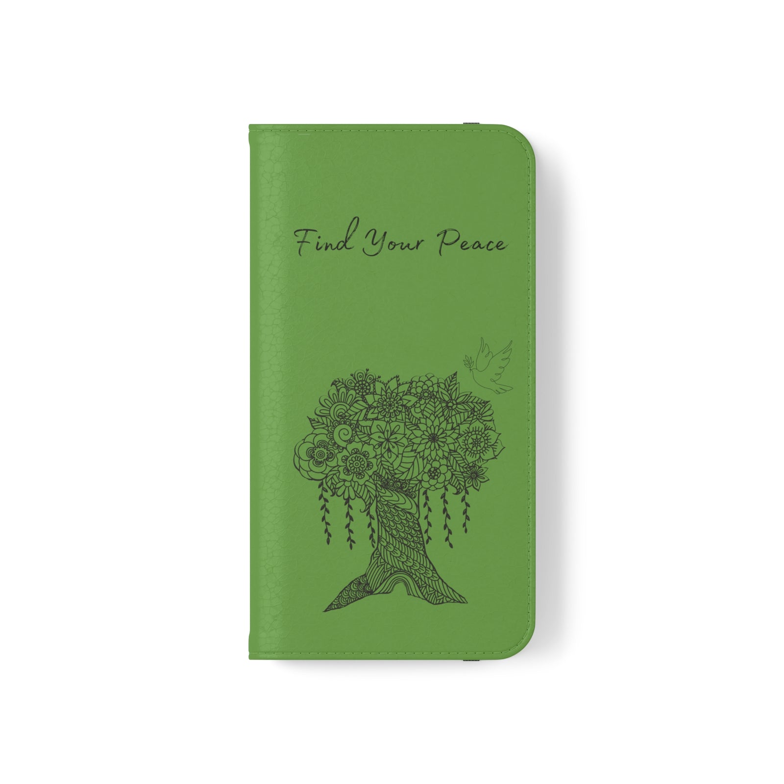 Phone Flip faux leather case with pockets and card storage. Peace Tree Mandala design-Green