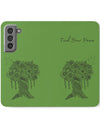 Phone Flip faux leather case with pockets and card storage. Peace Tree Mandala design-Green