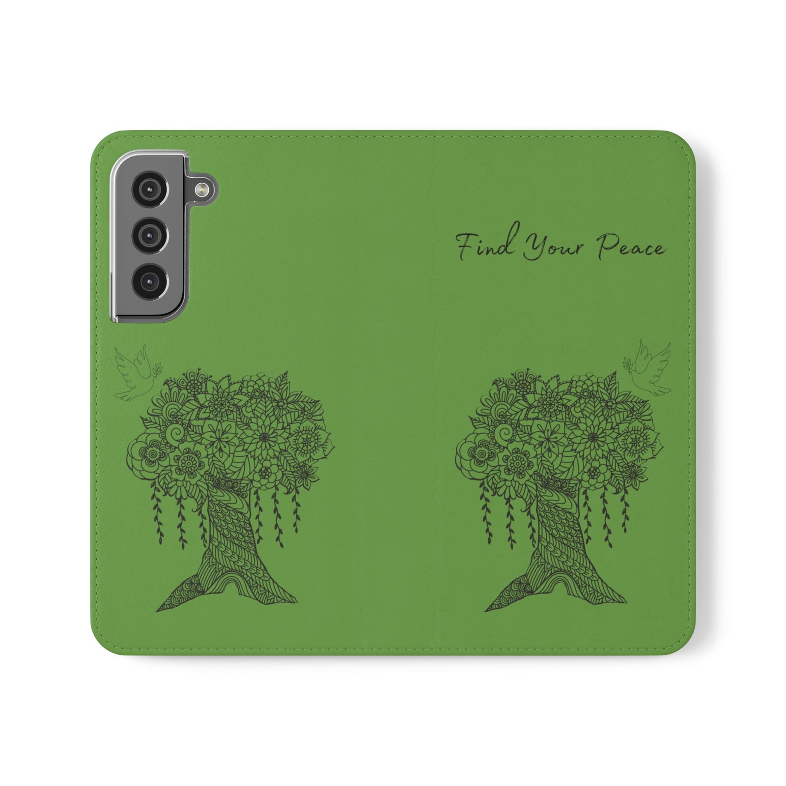 Phone Flip faux leather case with pockets and card storage. Peace Tree Mandala design-Green