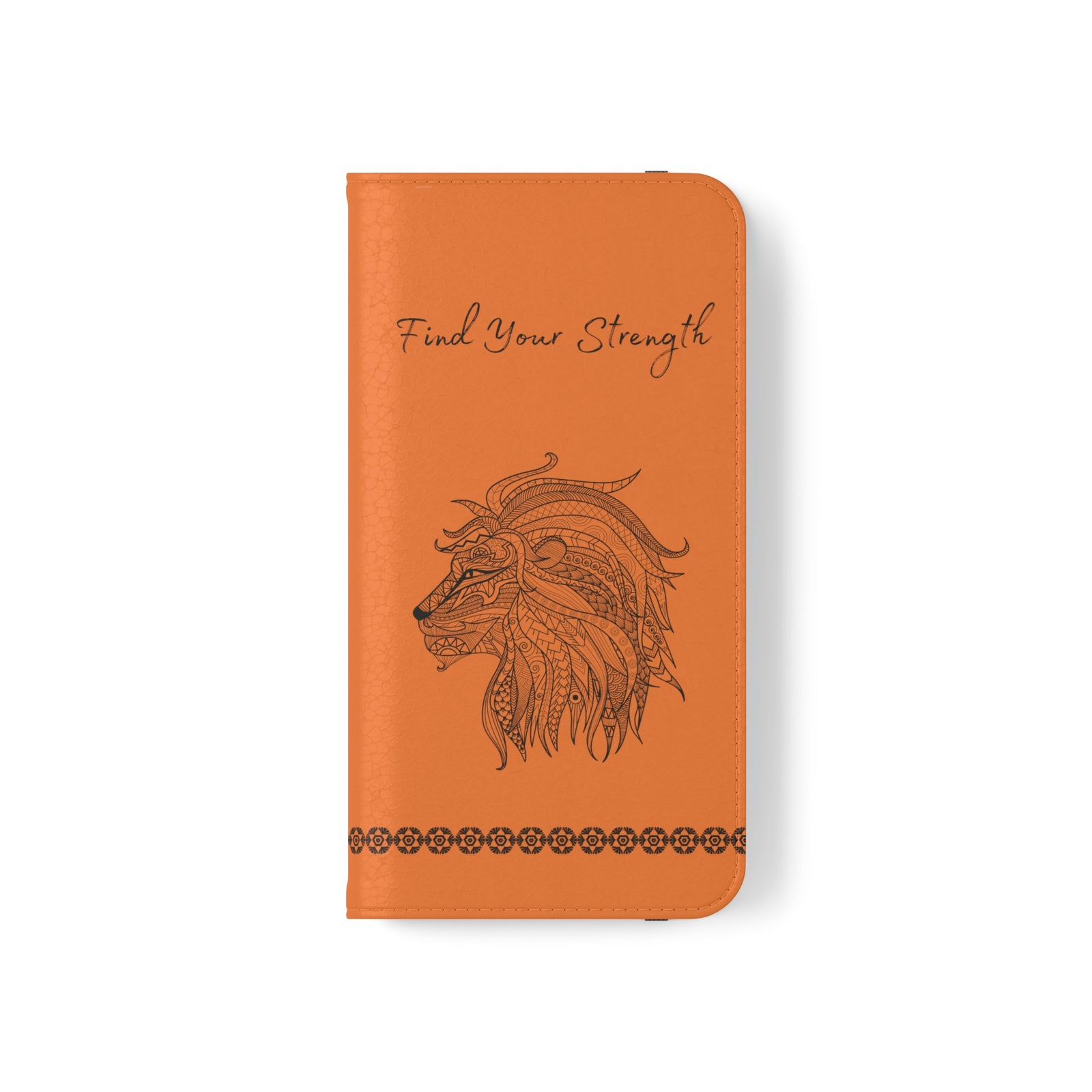 Phone Flip faux leather case with pockets and card storage. Strength lion Mandala design-orange